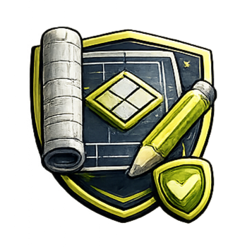 Shield with blueprints, pencil, and small shield, all in yellow and white.