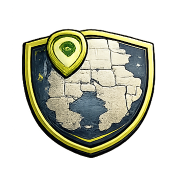 Shield with a map of Africa and a gold location marker.