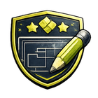 Shield with stars, blueprint, and a pencil, likely for design or planning.