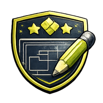 Shield with stars, blueprint, and a pencil, likely for design or planning.