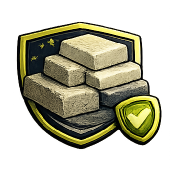 Shield icon with stacked stone bricks and a green checkmark, possibly representing defense or construction.