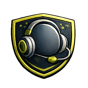 Yellow and black shield emblem with a headset, stars.