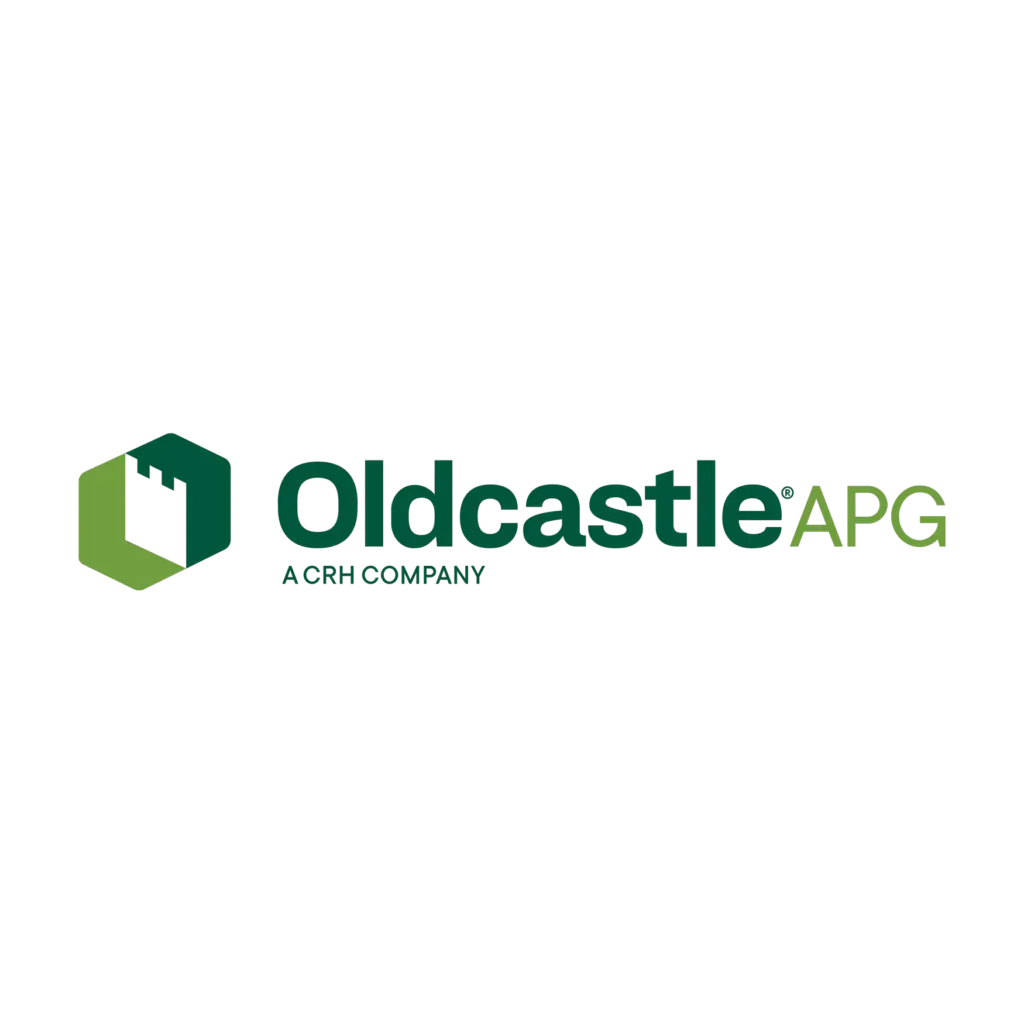 Logo for Oldcastle APG, a CRH company, features a green hexagon icon and dark green text.