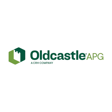Logo for Oldcastle APG, a CRH company, features a green hexagon icon and dark green text.