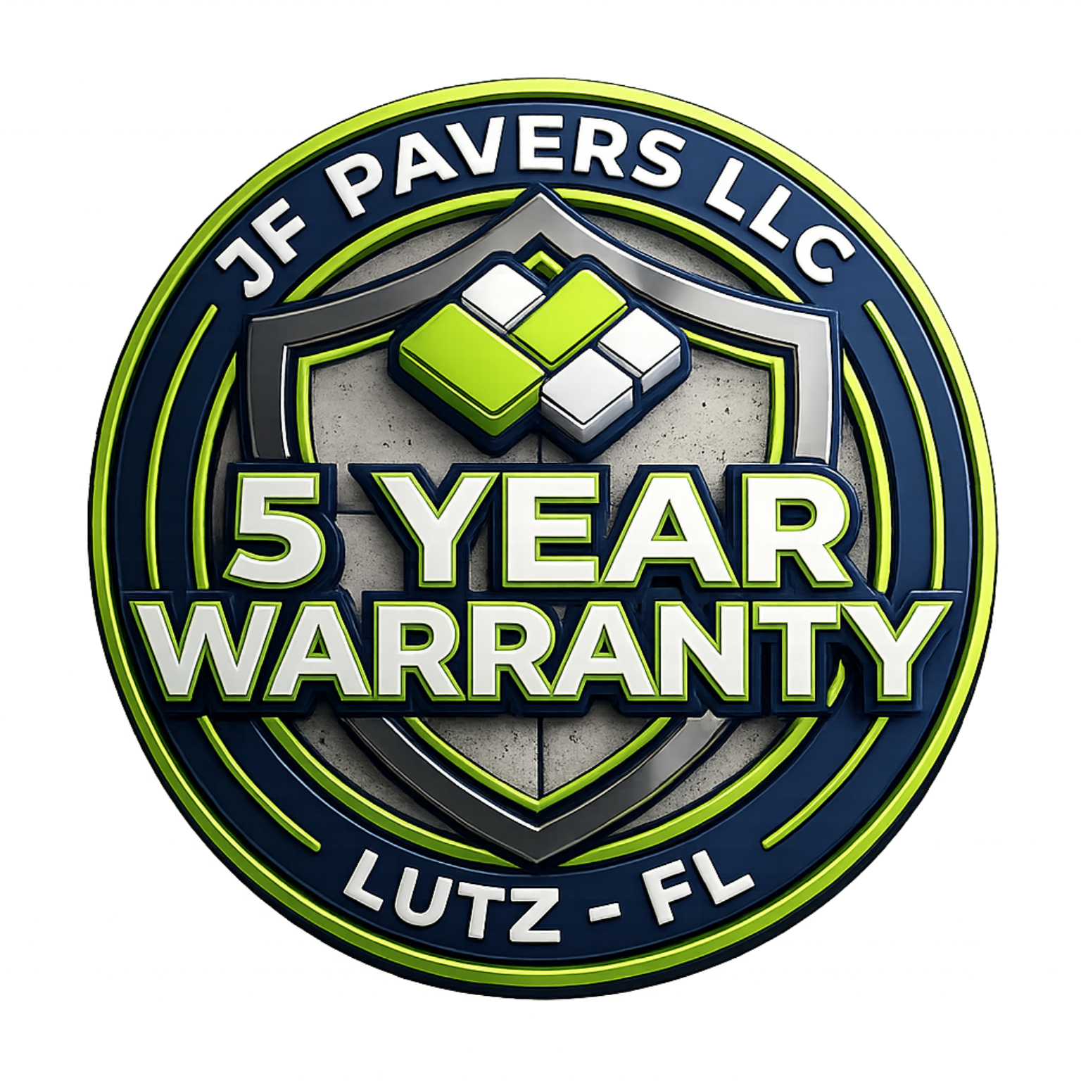 Circular logo for JF Pavers LLC, offering a 5-year warranty, in Lutz, FL. Features pavers icon and shield.