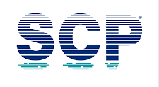SCP logo: white text outlined with blue, stylized as water ripples, on a white background.