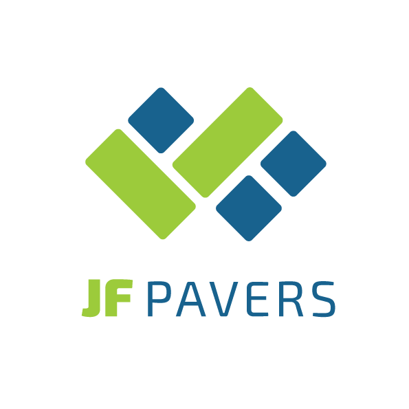 Logo for JF Pavers with green and blue interlocking paving stones. Text below says 