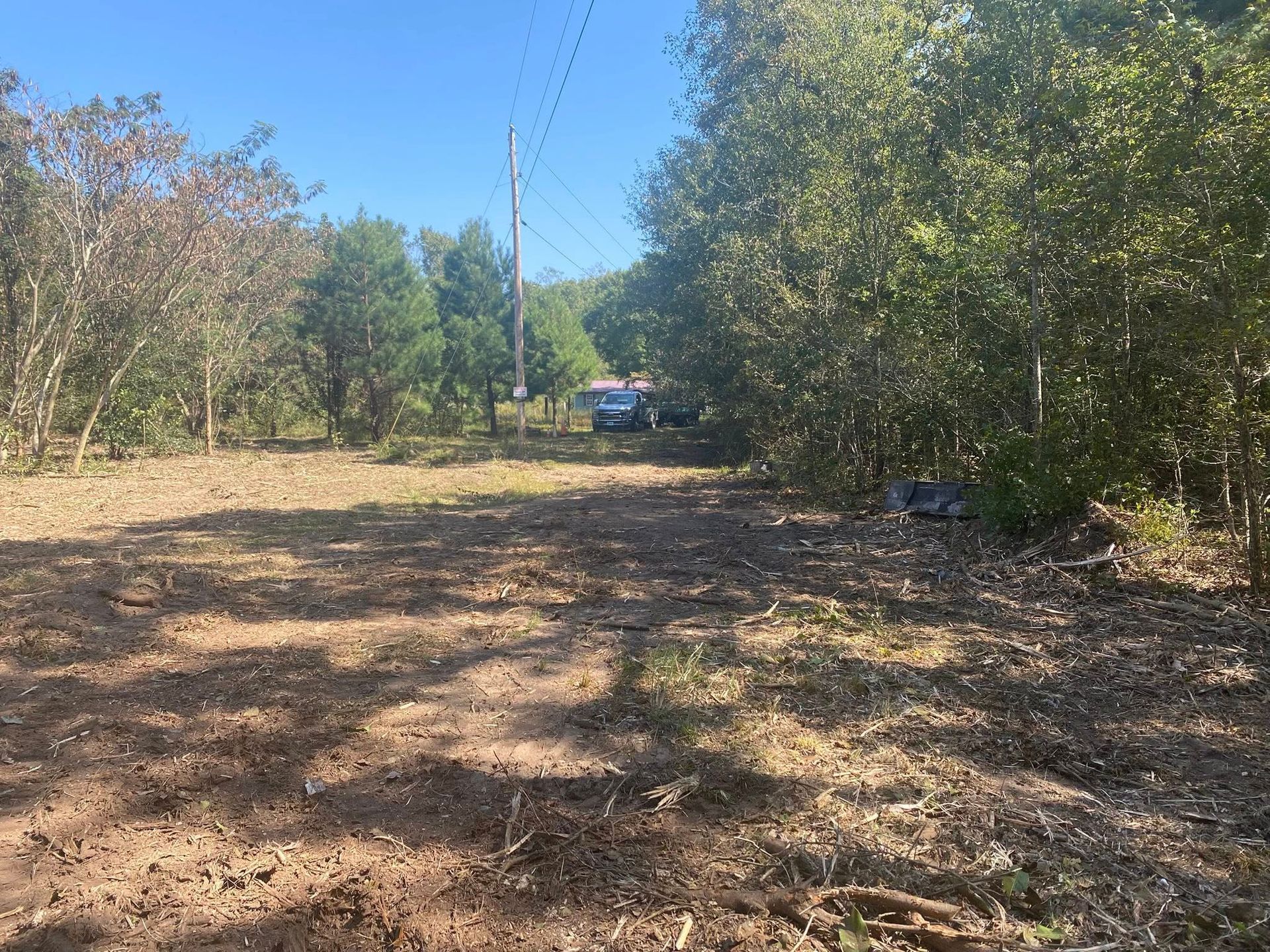 Dirt path through trees, leading to a vehicle parked near power lines, under a blue sky.