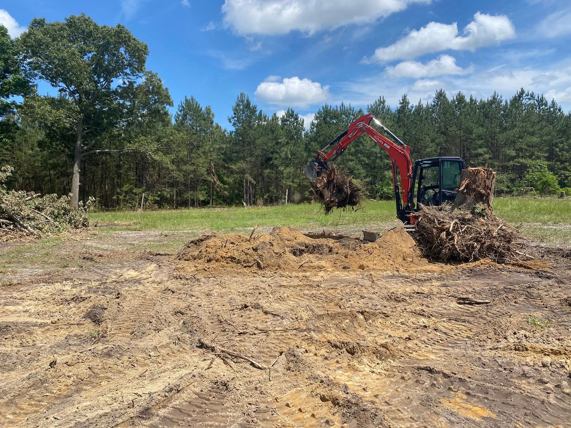 An excavator is removing tree stumps from a muddy field under a blue sky.