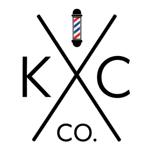 A logo for KXC Co. featuring a barber pole icon centered above crossed lines with the letters 