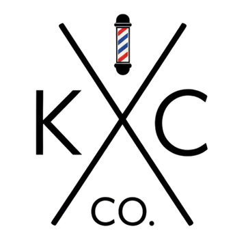 A logo for KXC Co. featuring a barber pole icon centered above crossed lines with the letters 