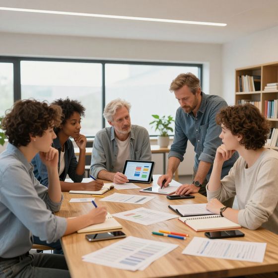 Een groep mensen zit in een lichte kantoorruimte aan een tafel te vergaderen en bekijkt documenten en een tablet.