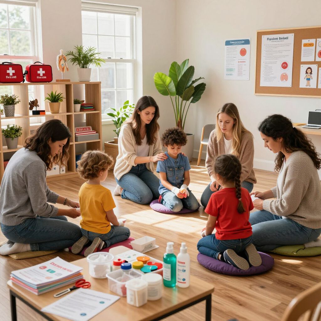 Kinderen en volwassenen zitten in een kring op kussens in een zonnig klaslokaal.