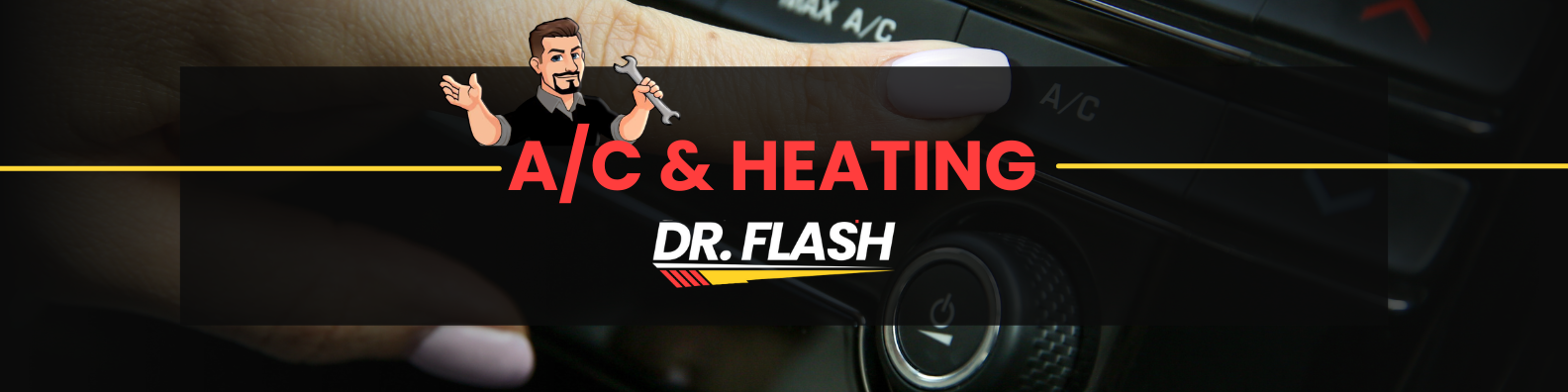 A/C and Heating service advertisement featuring a cartoon mechanic.