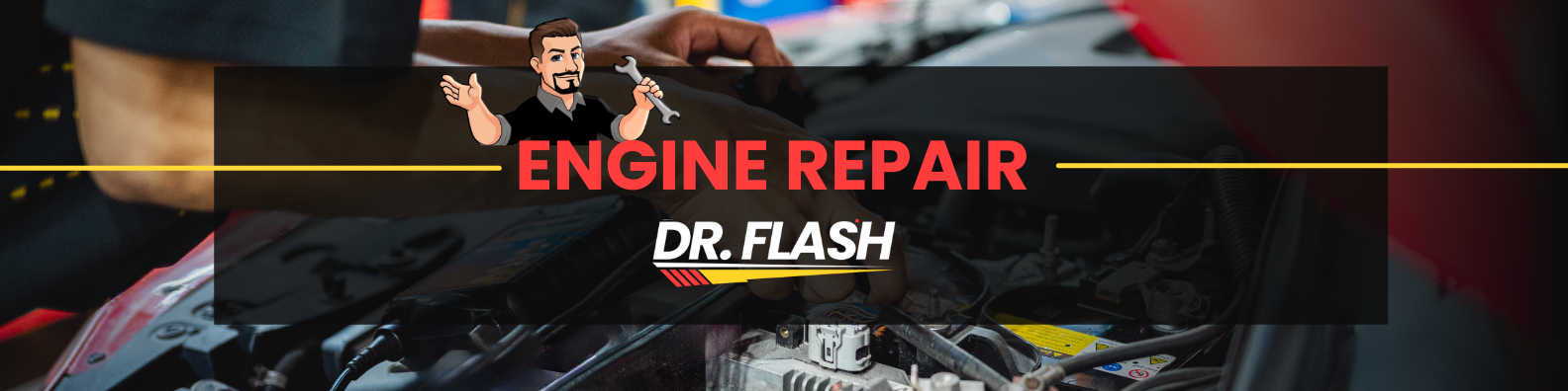 Engine repair advertisement with a cartoon mechanic and text 