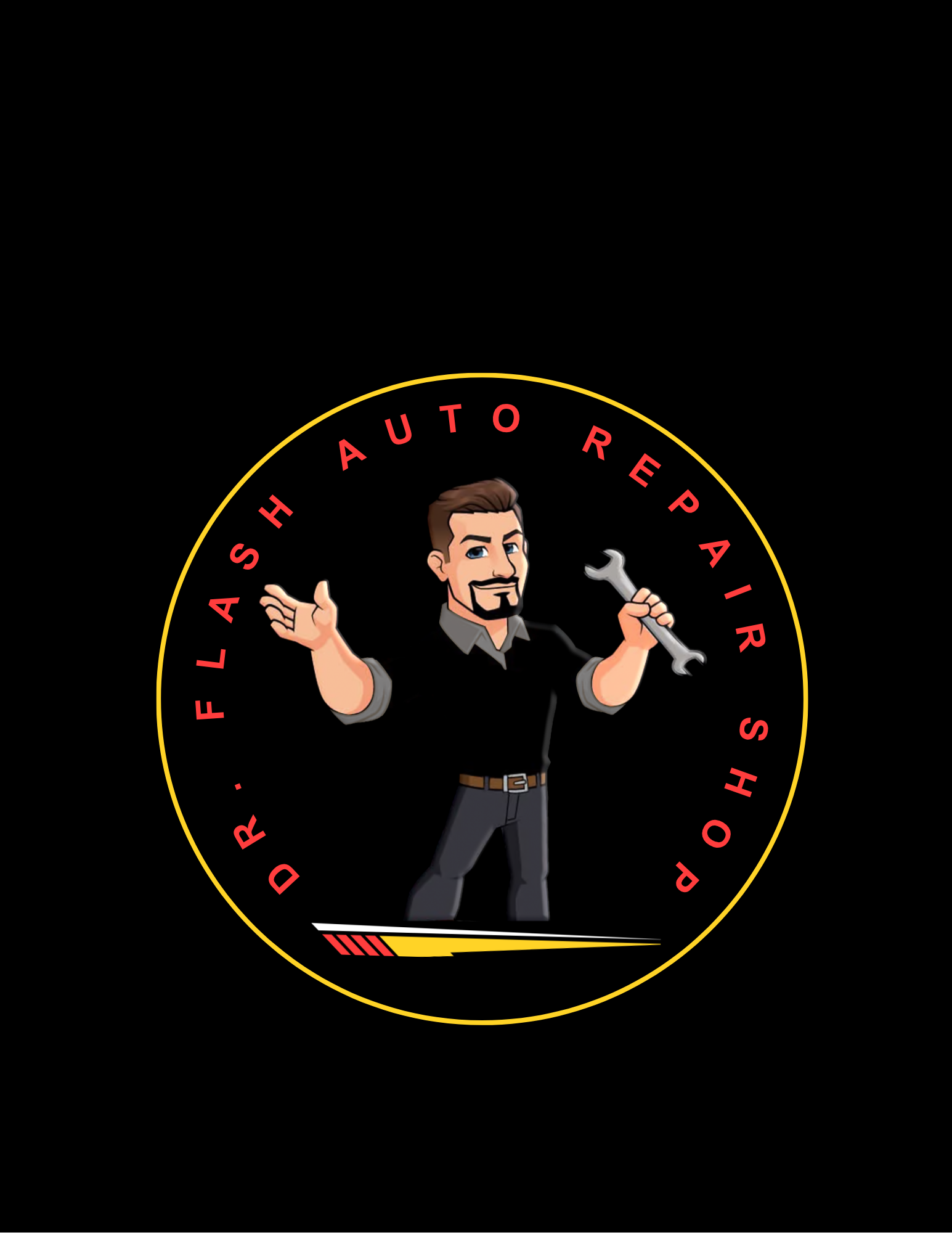 Flash Auto Repair Shop logo featuring a mechanic holding a wrench. Red text on a yellow circle.