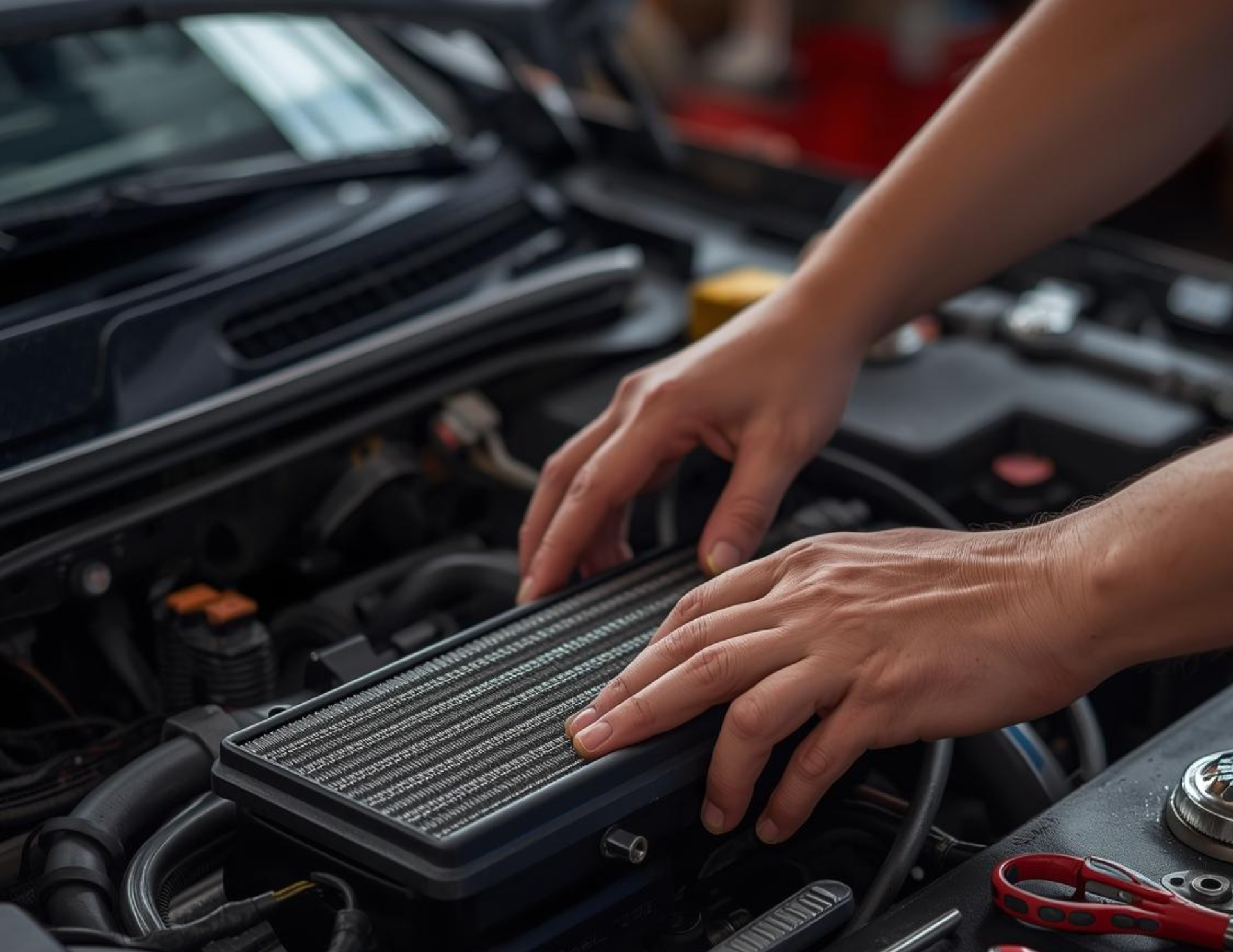 Hands installing an air filter in a car engine bay.