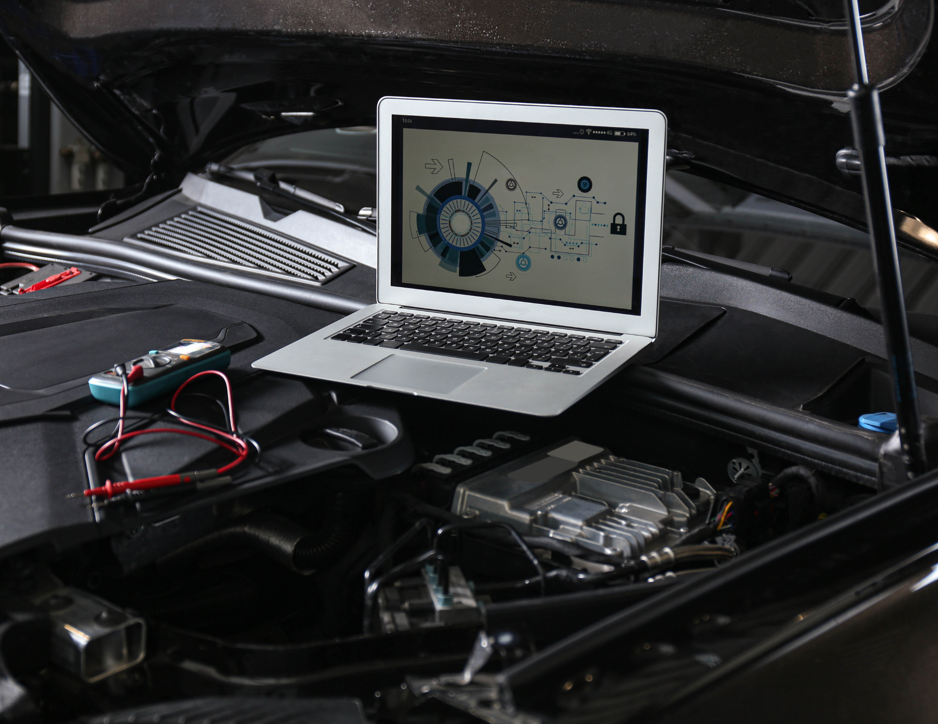 Car dashboard with illuminated warning lights: battery, oil, and check engine, all in red.