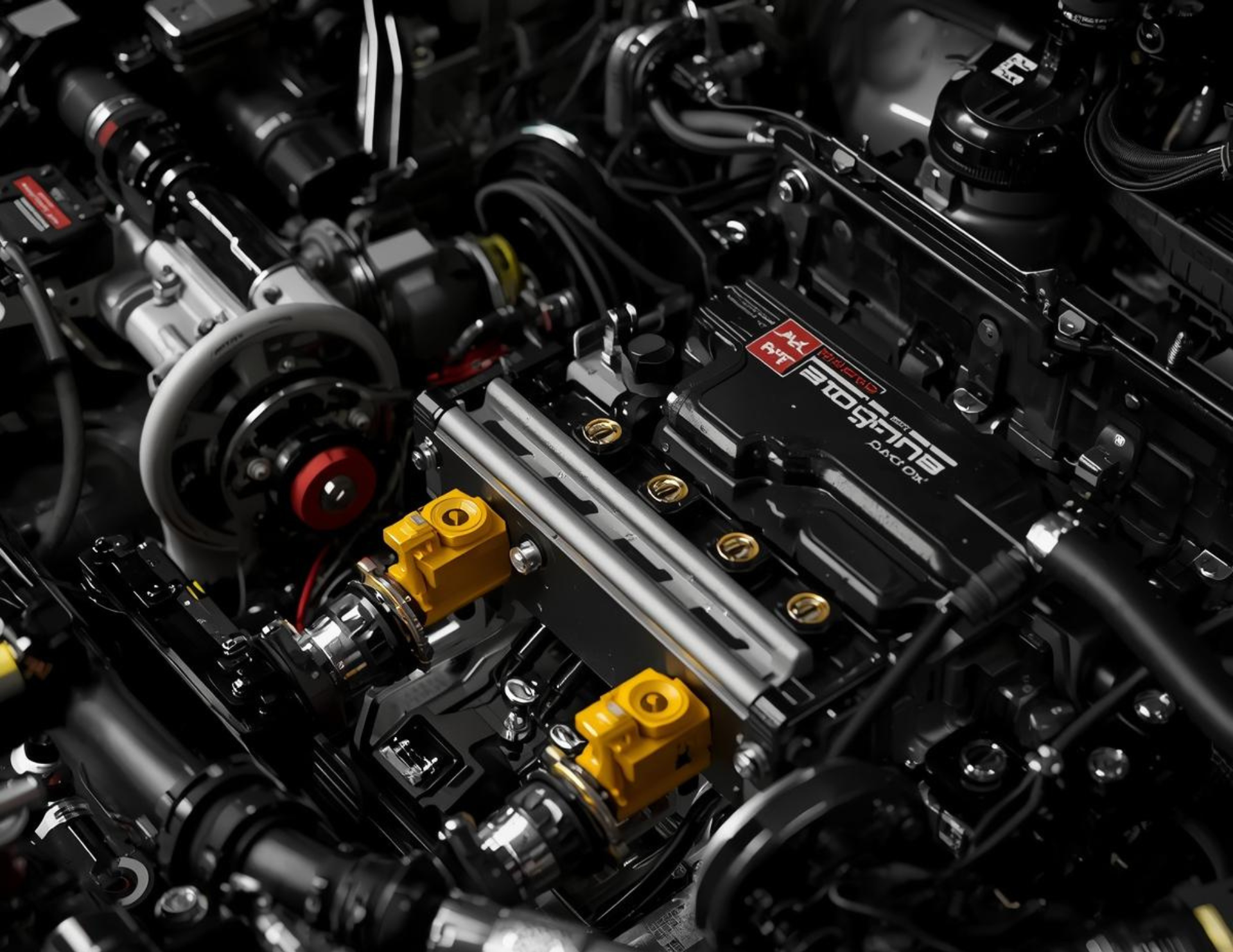 Close-up of a black engine bay with yellow fuel injectors and various mechanical components.