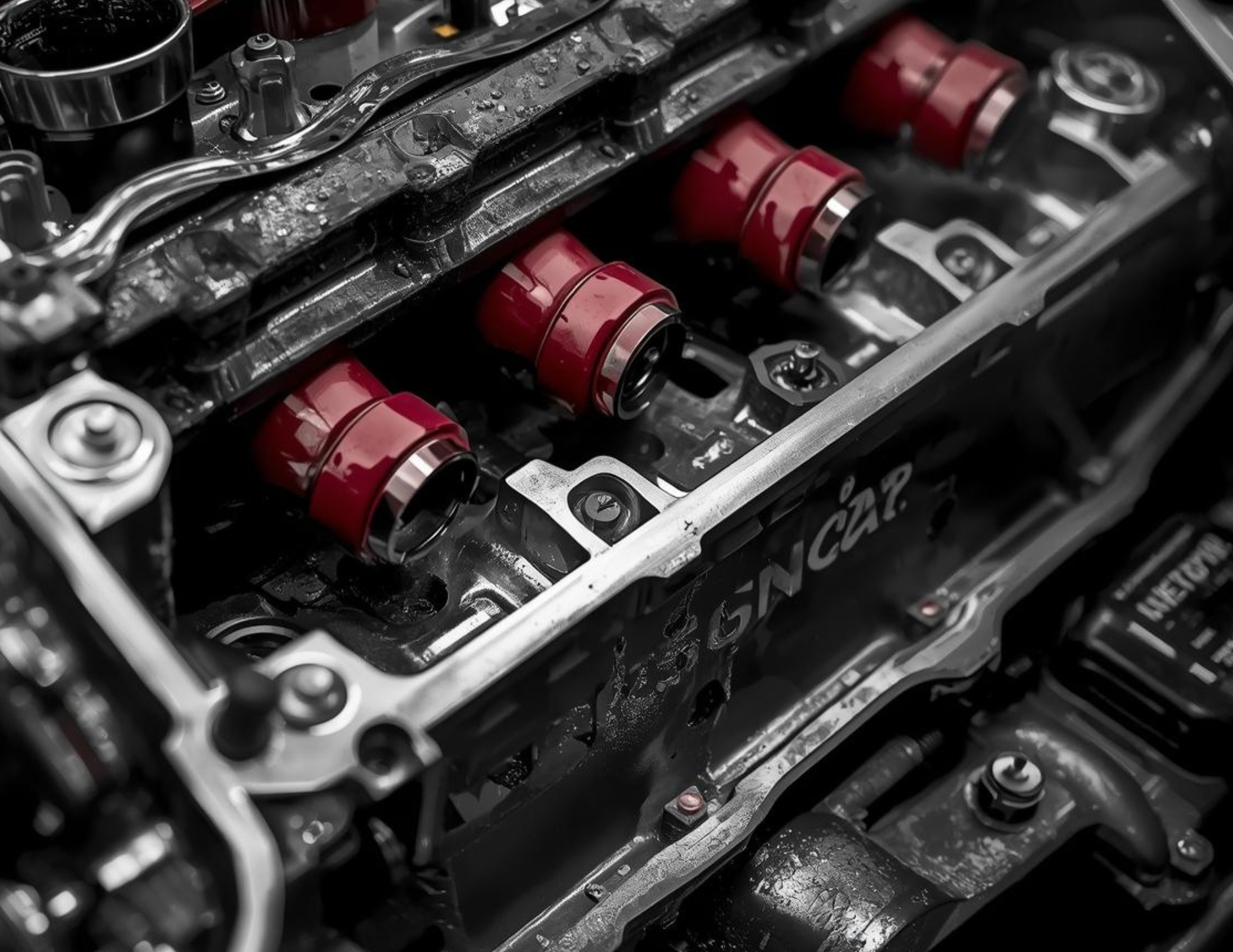 Close-up of a car engine's cylinder head with four red valve caps, metallic details, and 