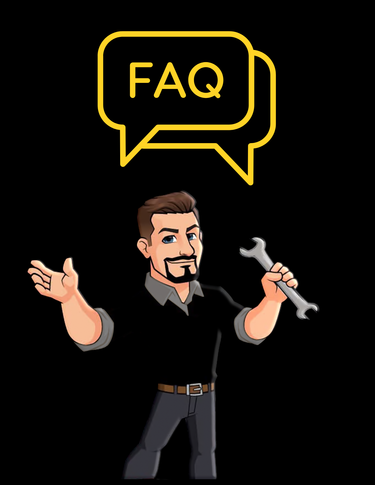 Cartoon man holding a wrench below a gold 