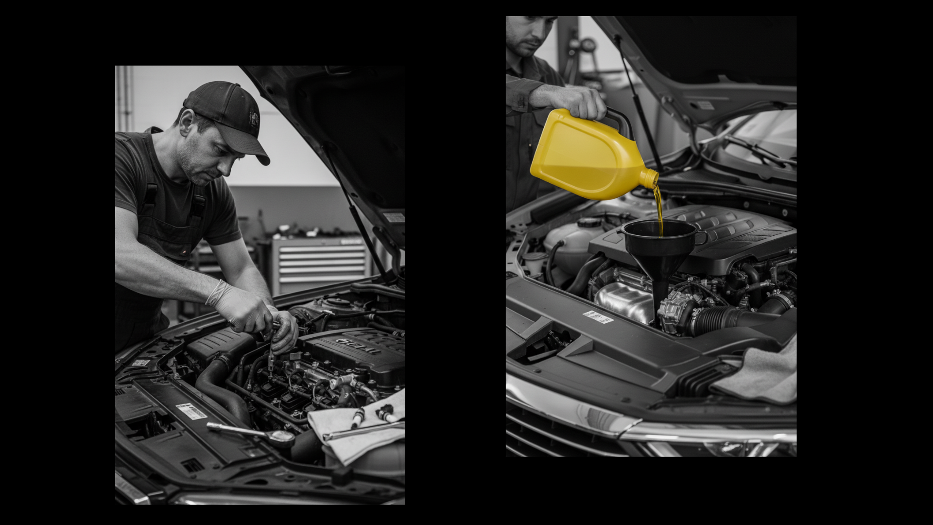 A mechanic working on a car engine, and then pouring oil from a yellow container.