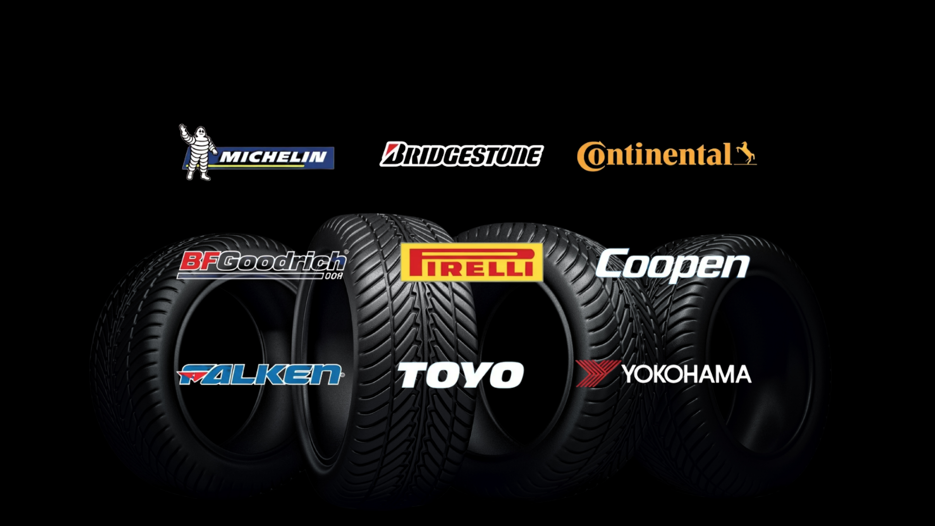 Tires and tire brand logos of Michelin, Bridgestone, Continental, Pirelli, Toyo, Yokohama, Cooper, and Falken.