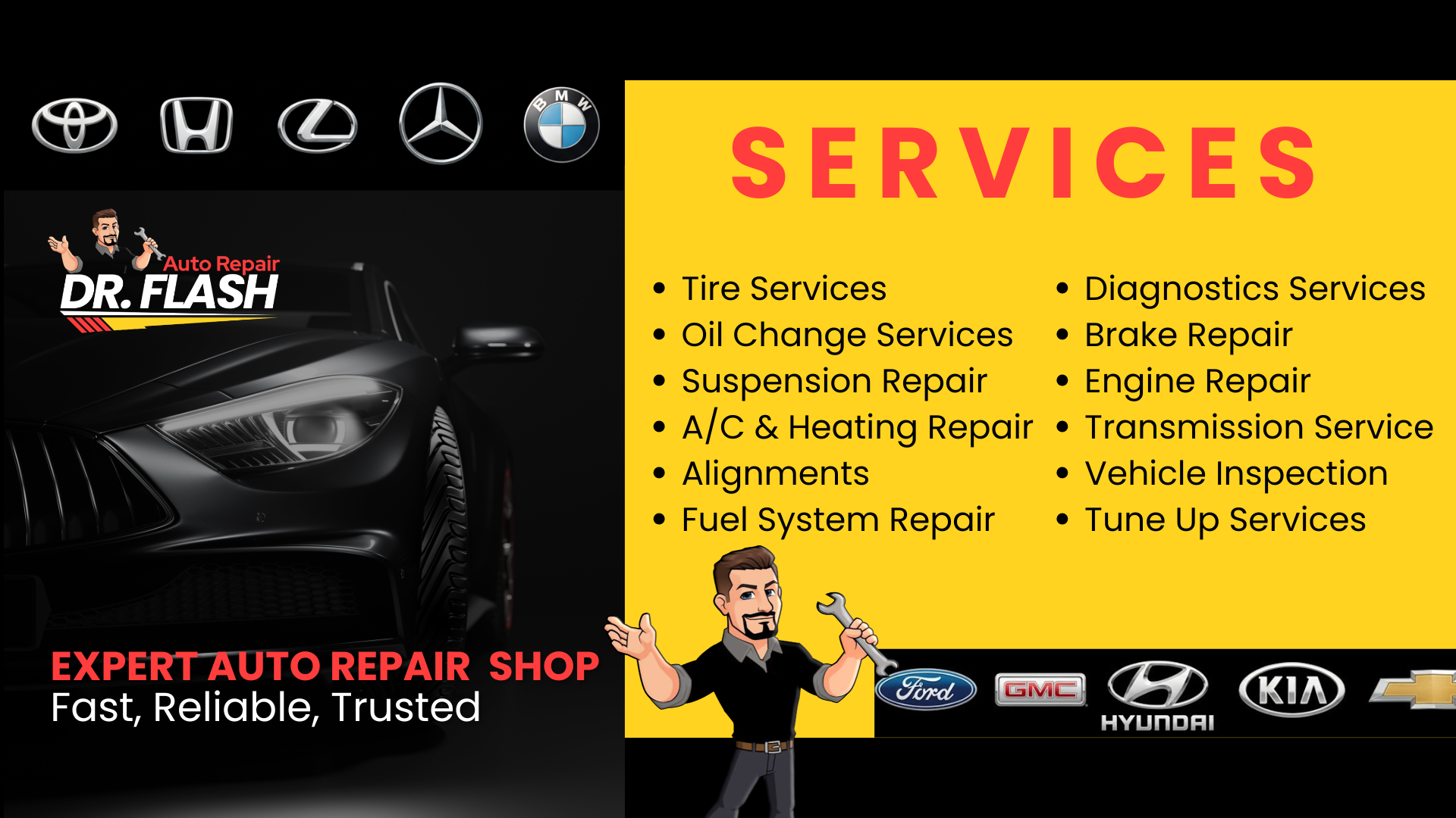 Dr. Flash auto repair shop ad. Lists services: tire, oil change, suspension, AC, alignment, fuel, diagnostics, brake, engine, transmission, inspection, and tune-up.