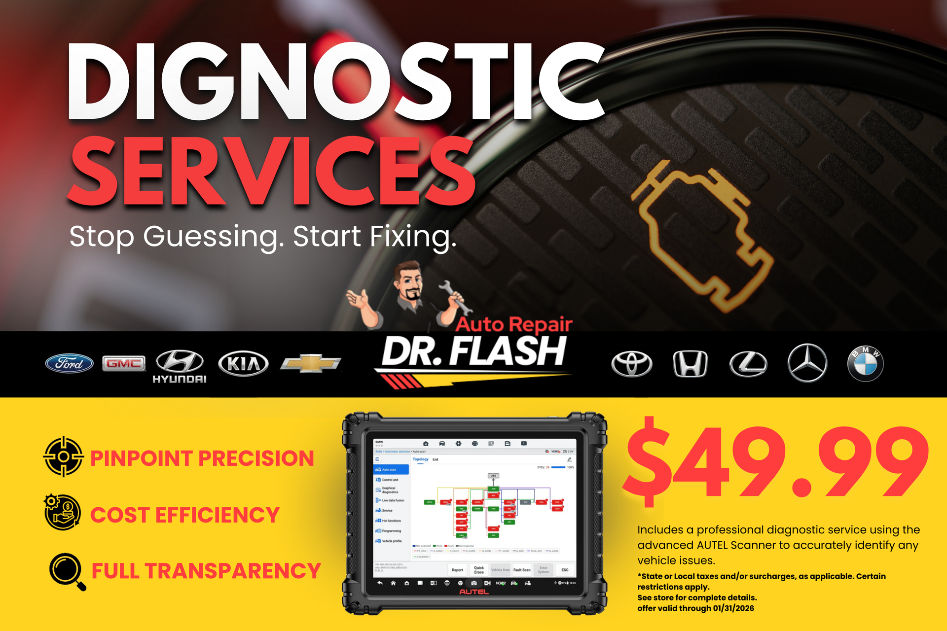 Ad for Dr. Flash auto repair diagnostic services. Includes price, and logos of car brands.