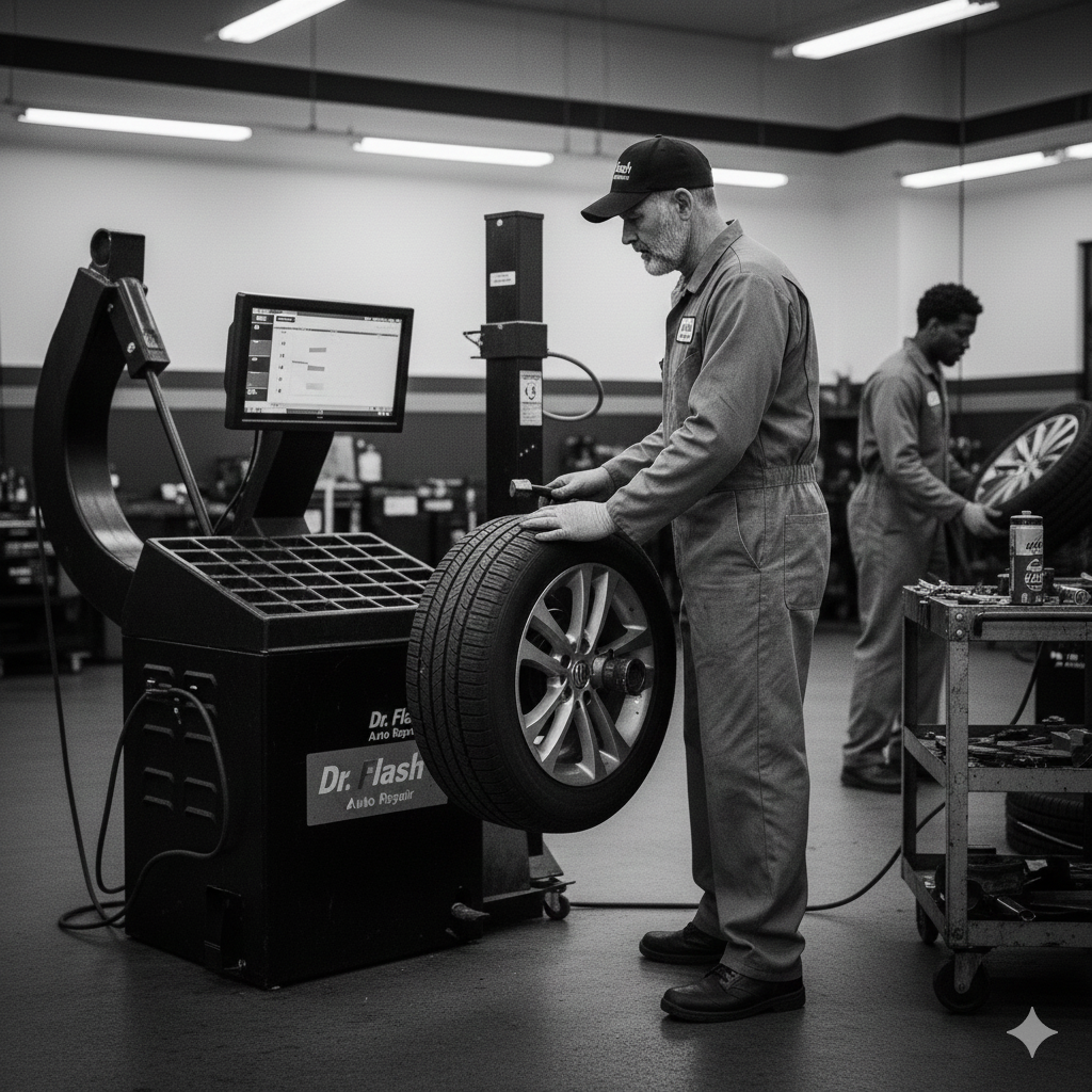 Mechanic balancing a tire in a garage, using a computerized machine. Another worker nearby.