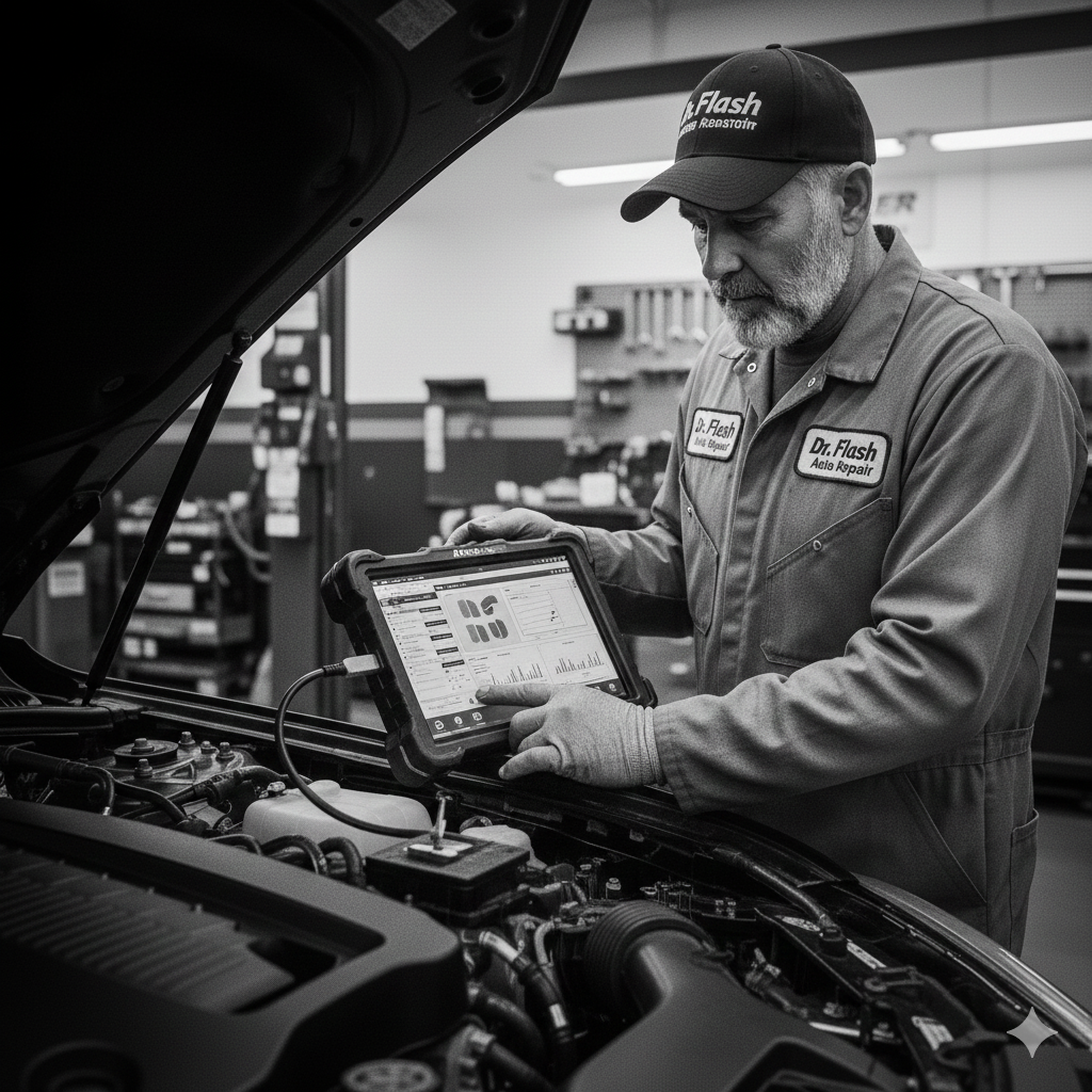 Mechanic using a diagnostic tablet on a car engine in a garage.
