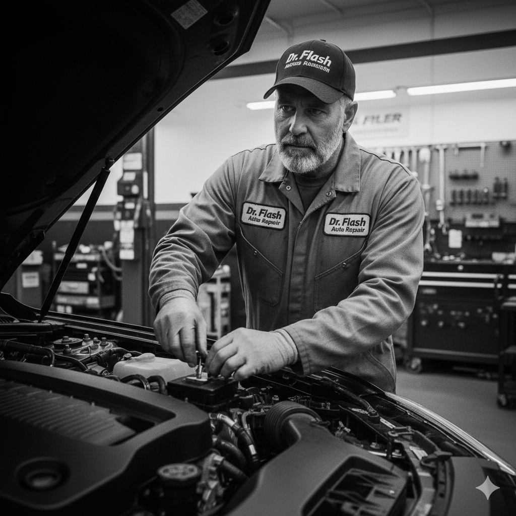 A row of black cars parked in front of a brick auto shop under a cloudy sky. Shop sign says 