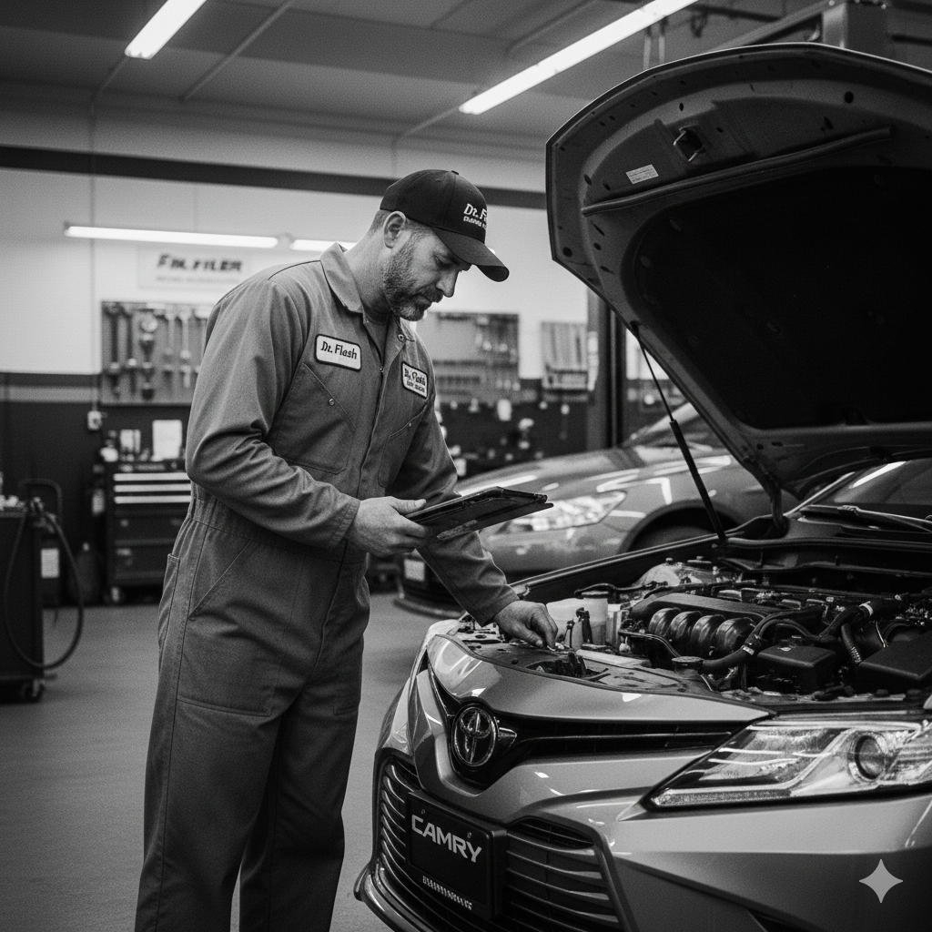 Mechanic in coveralls examines a car engine in a garage, holding a clipboard.