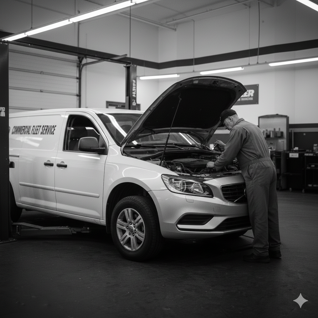 Mechanic working on the engine of a white van inside a well-lit repair shop.