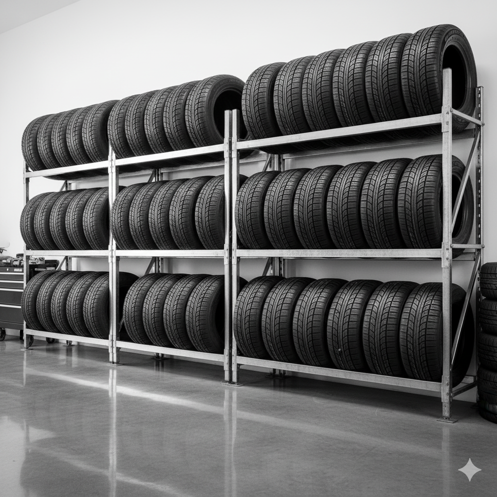 Tires stacked on metal shelves inside a garage or storage area.