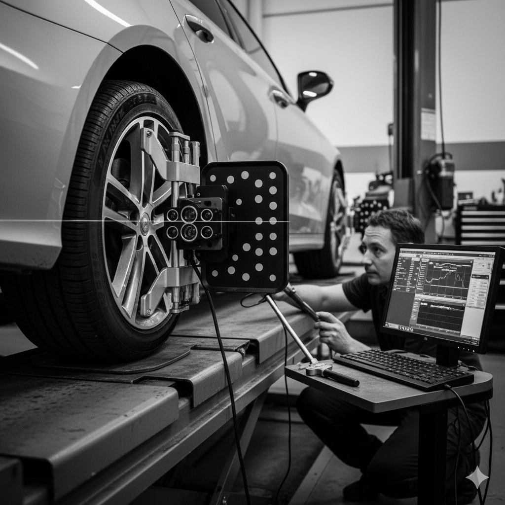 A mechanic uses alignment equipment on a car's wheel in a workshop.