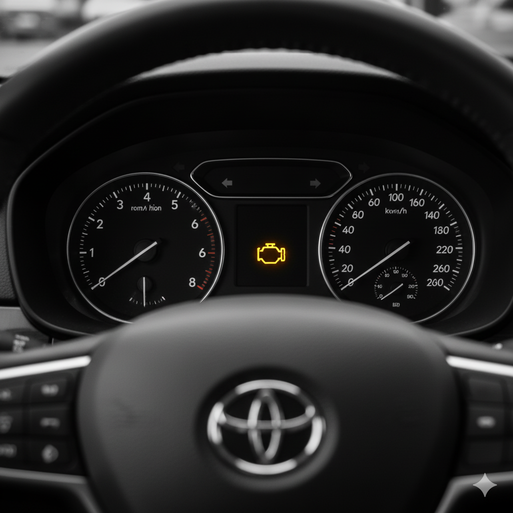 Black and white close-up of a Toyota car dashboard. Check engine light is illuminated.