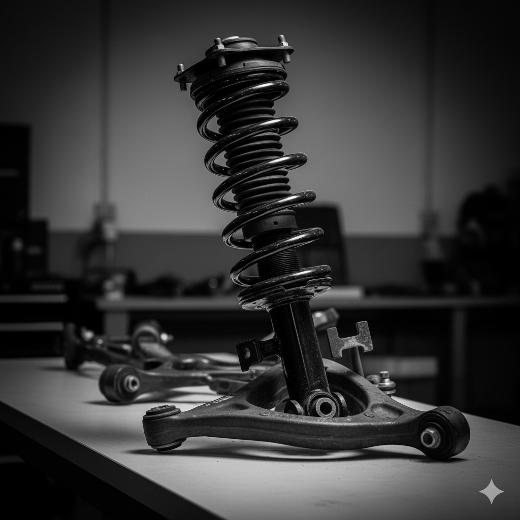 Black and white close-up of car suspension system, focusing on a coilover shock absorber and control arms.