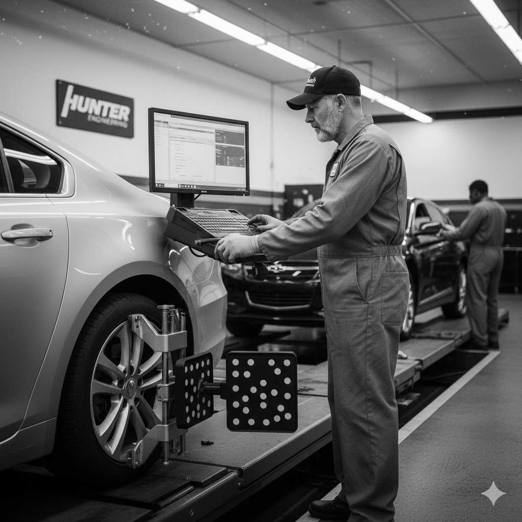 Mechanic using alignment machine on a car at a repair shop, other worker in background.