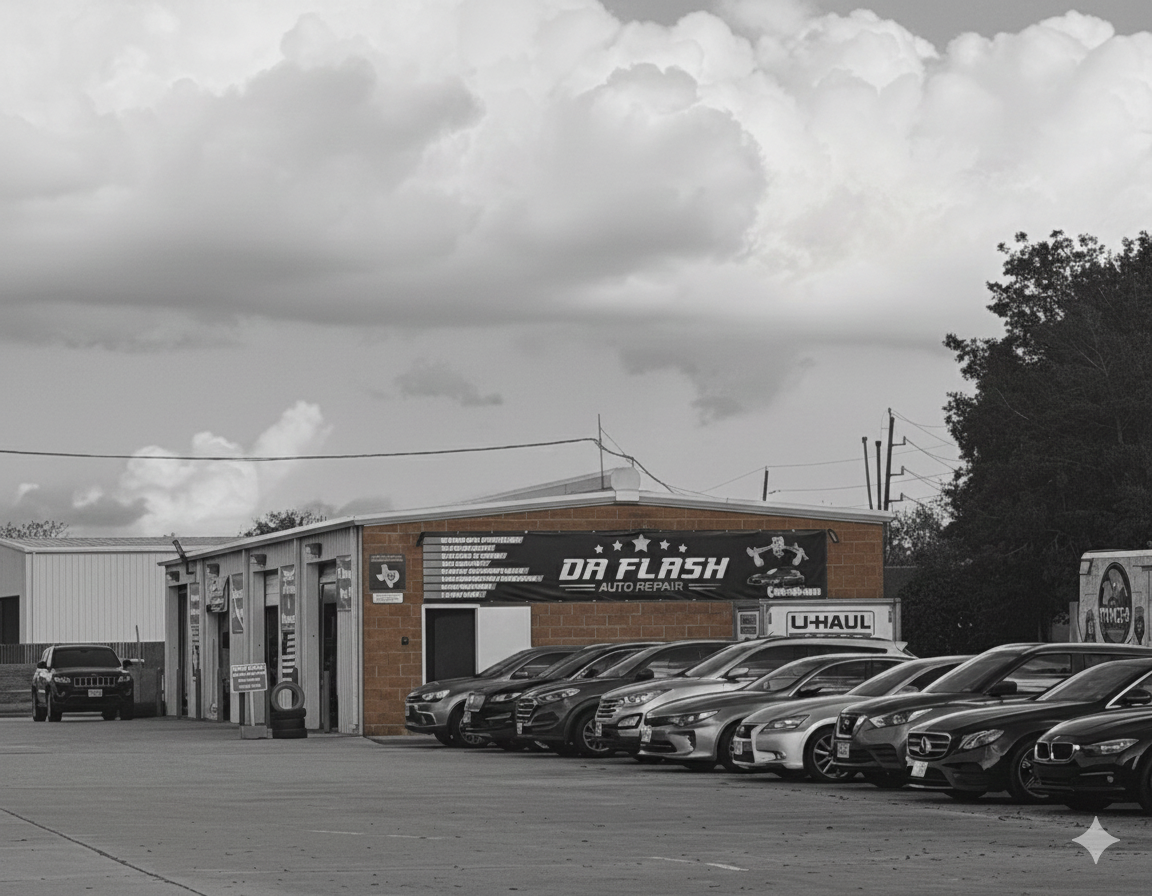 A row of black cars parked in front of a brick building under a cloudy sky. 