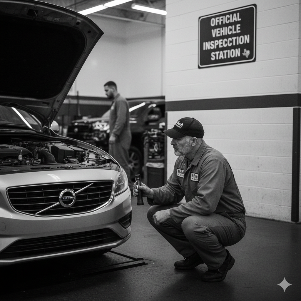 Mechanic inspecting a car engine in a vehicle inspection station. Another mechanic is in the background.