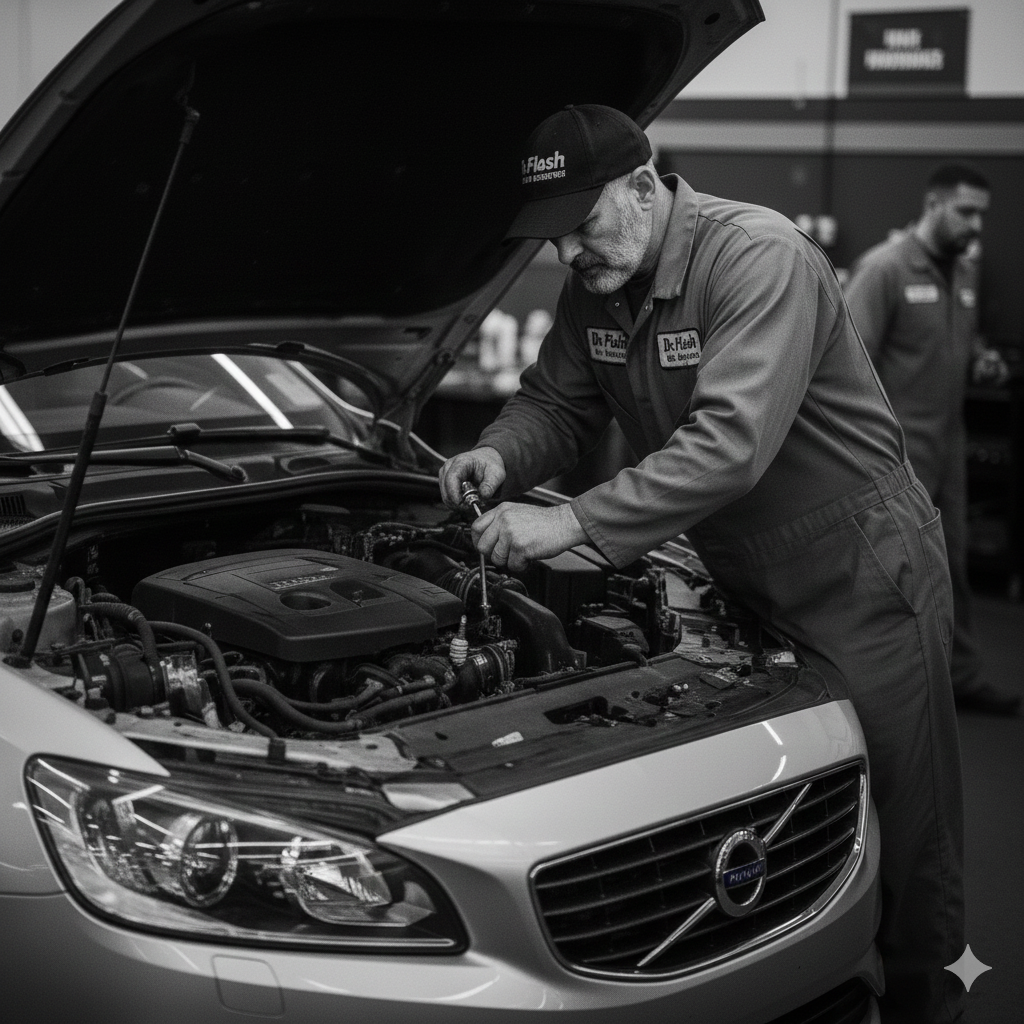 Mechanic working on car engine in a garage; another mechanic in the background.