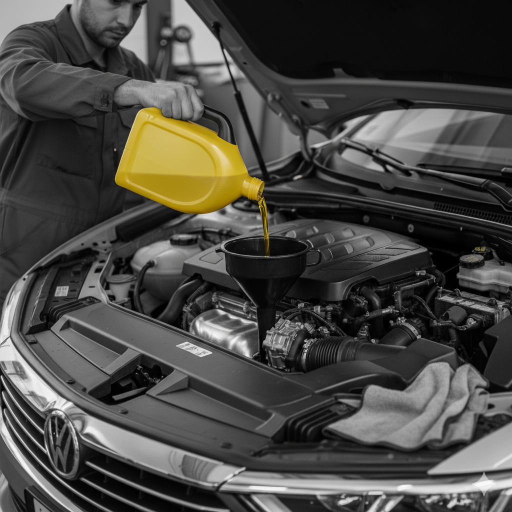 Mechanic pouring yellow oil from a container into a car engine, using a funnel.