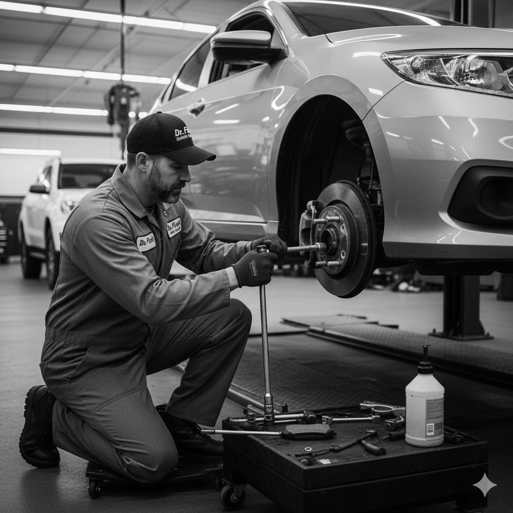 Mechanic working on a car in a garage, using tools to repair the brakes.