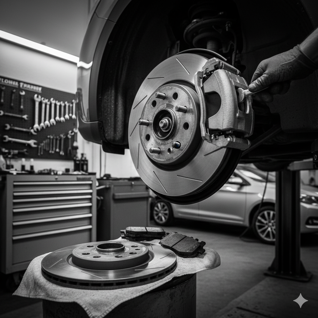 Car brake repair: Mechanic working on rotor and caliper, tools in background.