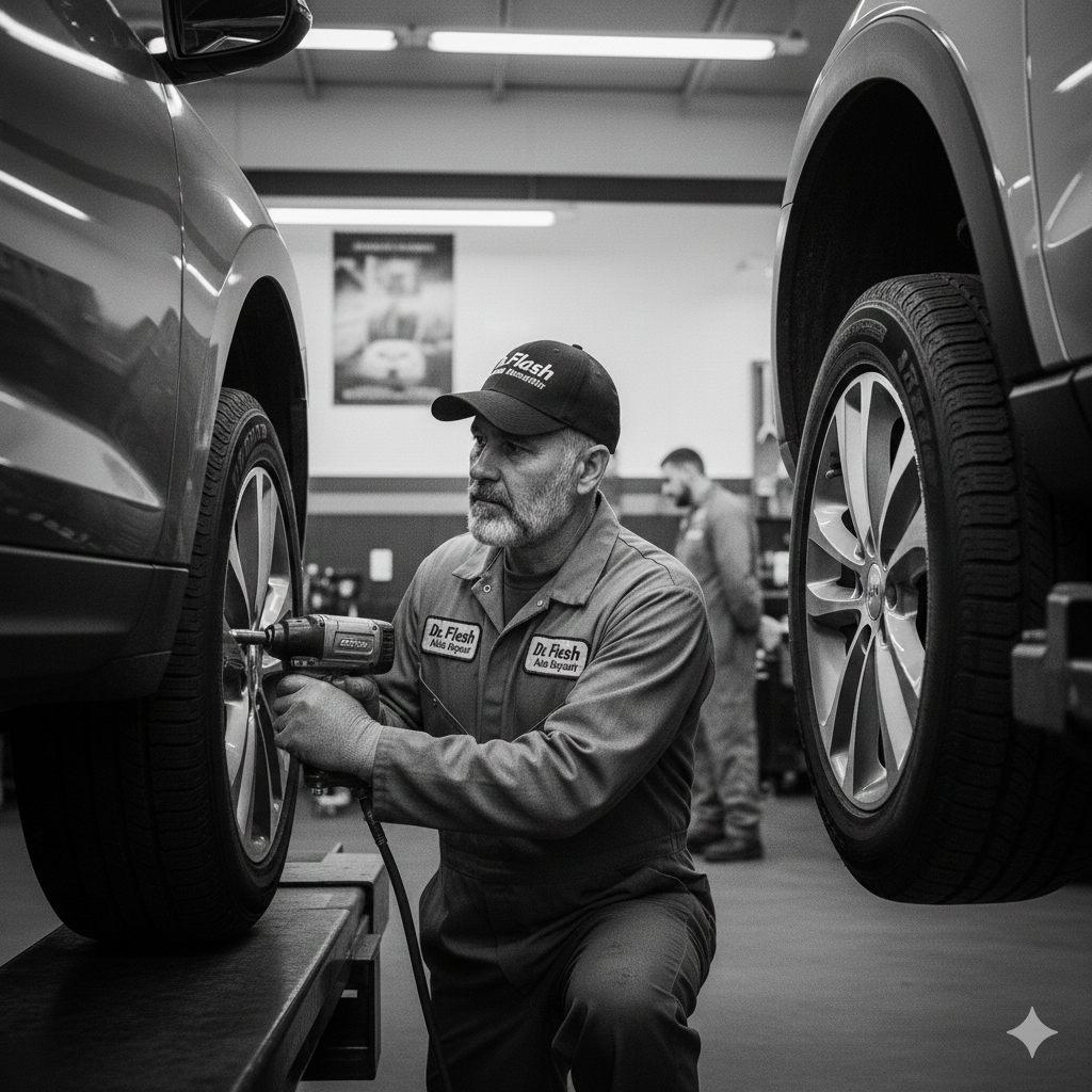 Mechanic removing tire with power tool in auto repair shop.