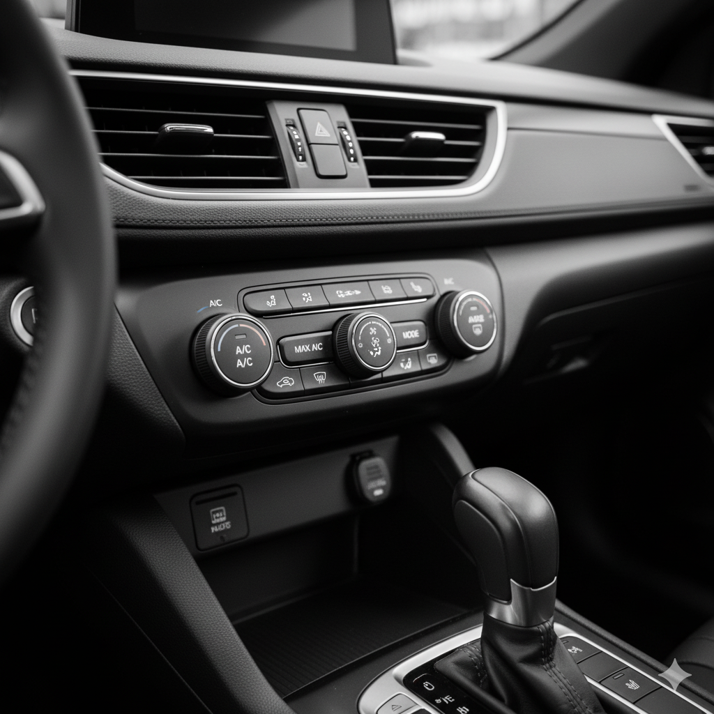 Black and white car interior with dashboard, vents, and gearshift in focus.