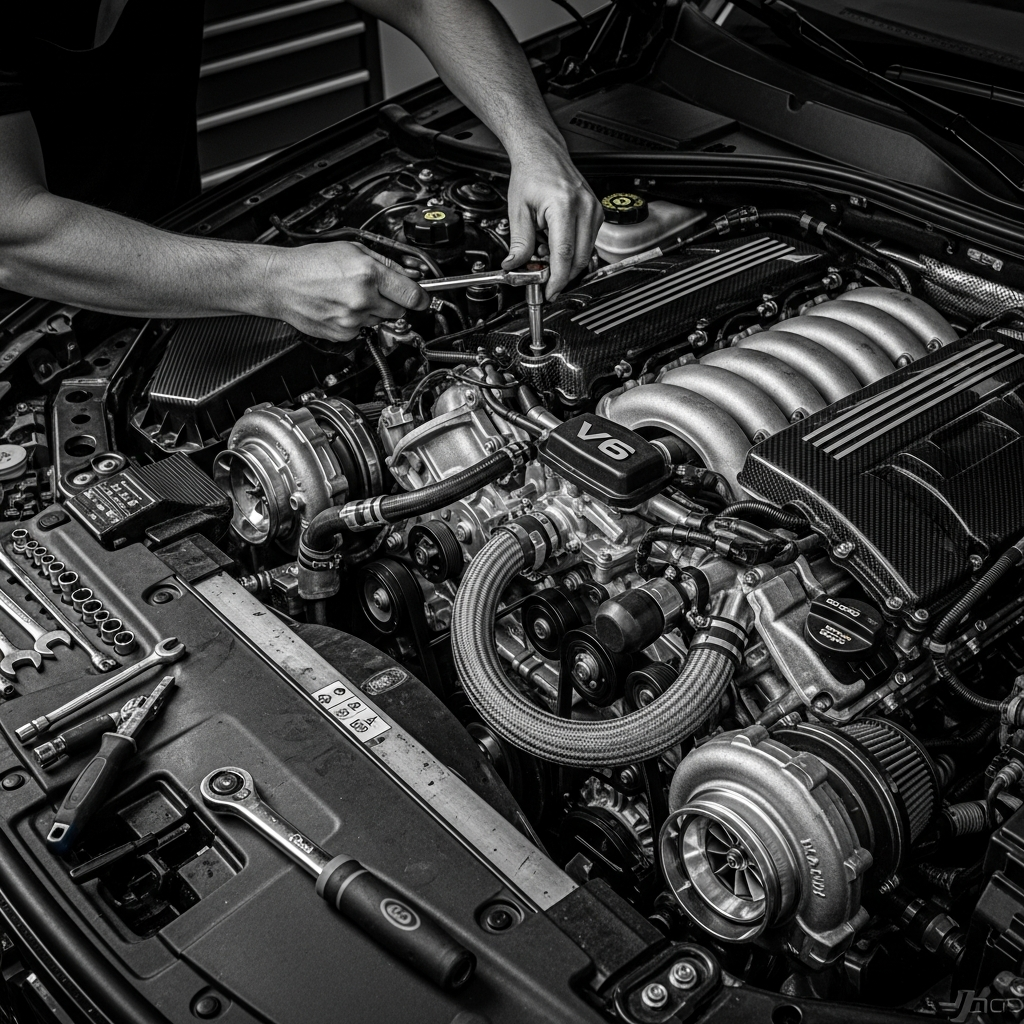 Mechanic pouring yellow oil from a container into a car engine, using a funnel.
