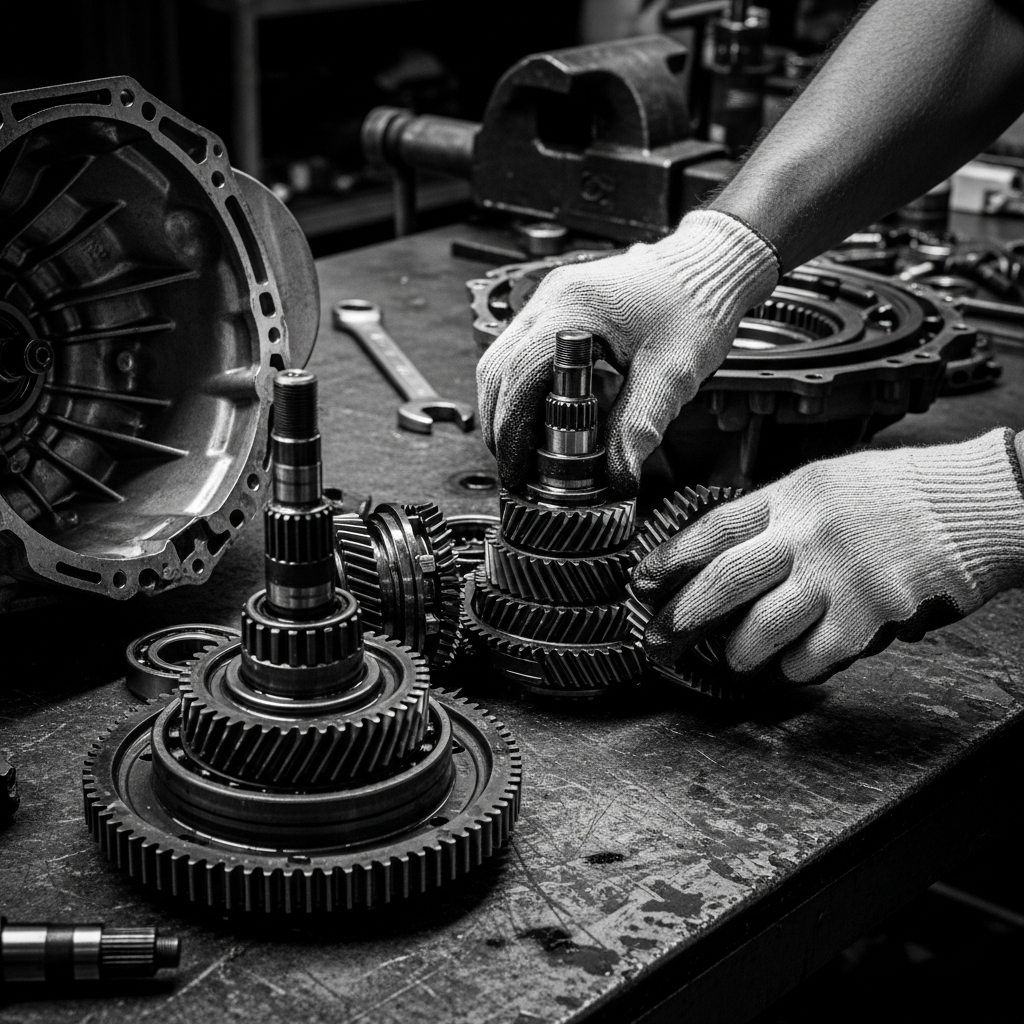 Hands in white gloves assembling gears on a workbench. Black and white.