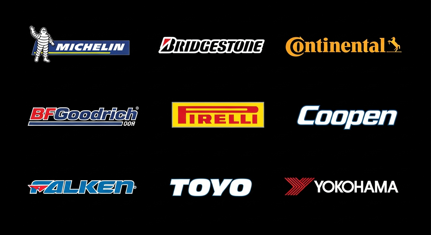 Logos of nine tire brands: Michelin, Bridgestone, Continental, BFGoodrich, Pirelli, Cooper, Falken, Toyo, and Yokohama.